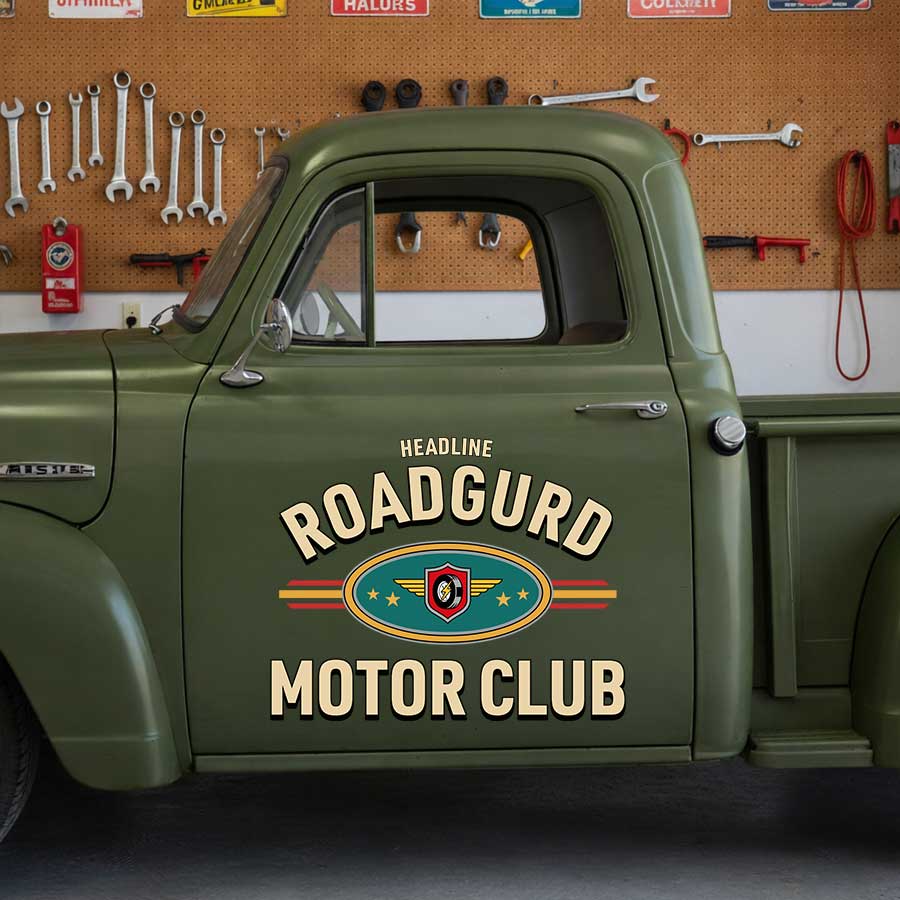 Personalized Winged Wheel and Stars Decal for Truck Door with Vintage Automotive Design sticker 14334