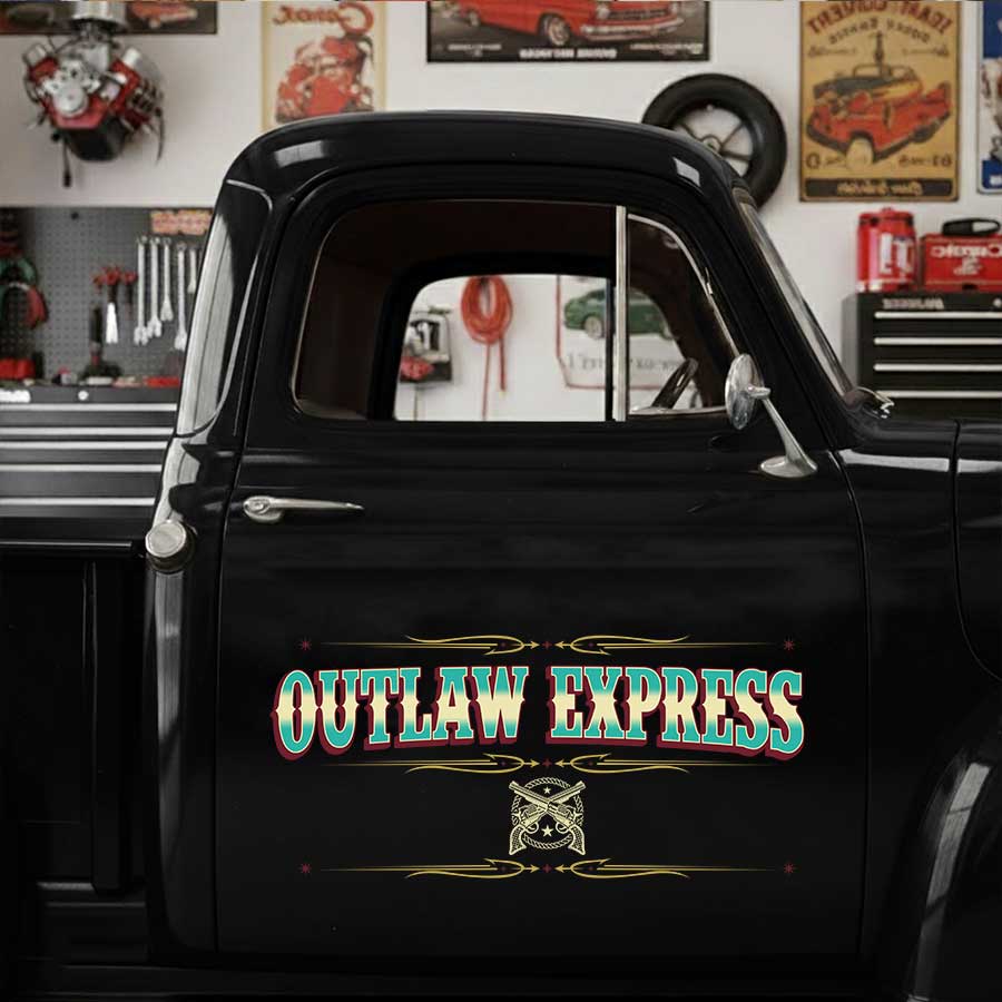 Personalized Crossed Pistons and Pinstriping Decal for Truck Door with Vintage Automotive Design sticker 14336