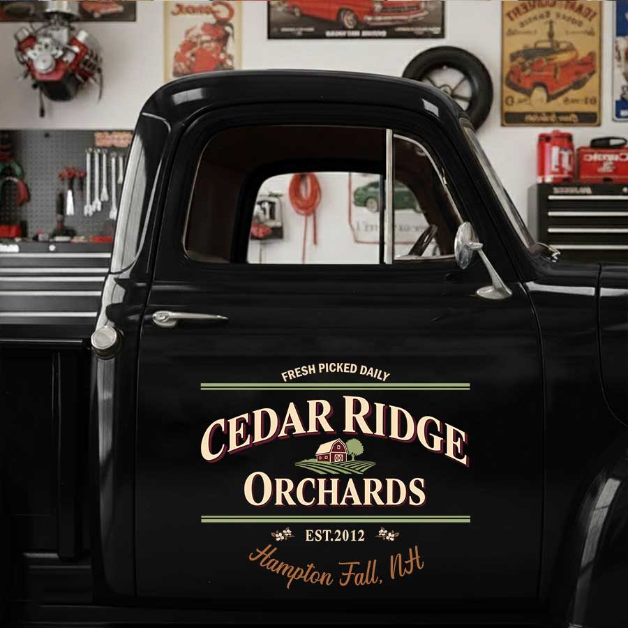 Personalized Barn and Orchard Decal for Truck Door with Vintage Agricultural Design sticker 14337