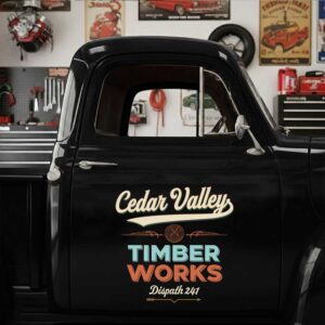 Personalized Circular Saw Blade and Wings Decal for Truck Door with Vintage Automotive Design sticker 14339
