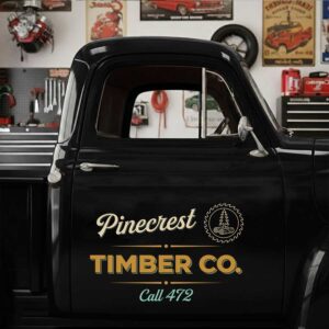Personalized Tree and Saw Blade Decal for Truck Door with Vintage Automotive Design sticker 14340