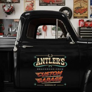 Personalized Antlers and Custom Garage Text Decal for Truck Door with Vintage Automotive Design sticker 14341