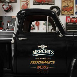 Personalized Gear and Wings Decal for Truck Door with Vintage Automotive Design sticker 14342