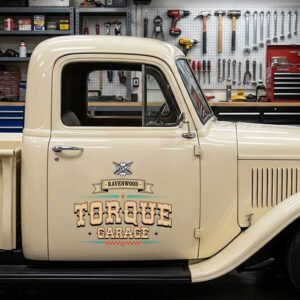 Personalized Crossed Pistons and Banner Decal for Truck Door with Vintage Automotive Design sticker 14343