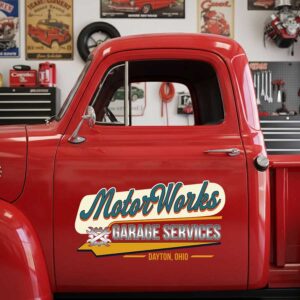 Personalized Wrench and Piston Decal for Truck Door with Vintage Automotive Design sticker 14344