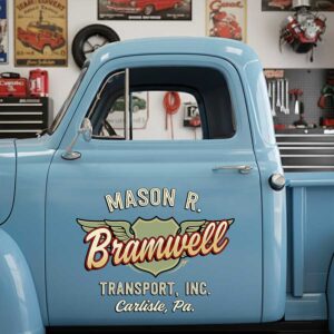 Personalized Winged Shield and Bold Lettering Decal for Truck Door with Vintage Automotive Design sticker 14352