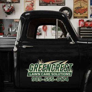 Personalized Text and Lawn Care Theme Decal for Truck Door with Vintage Automotive Design sticker 14357