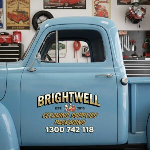 Personalized Cleaning Supplies and Text Elements Decal for Truck Door with Vintage Automotive Design sticker 14359