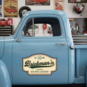 Personalized Crossed Wrenches and Vintage Typography Decal for Truck Door with Vintage Automotive Design sticker 14365