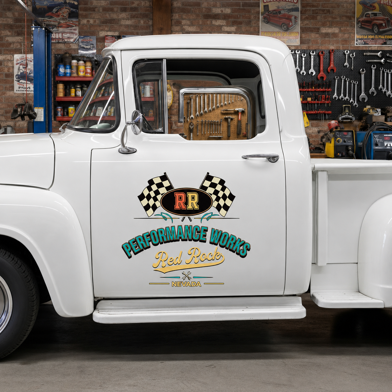 Personalized Checkered Flag and Text Elements Decal for Truck Door with Vintage Automotive Design sticker 14368 - Image 2