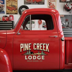 Personalized Landscape and Cabin Decal for Truck Door with Vintage Automotive Design sticker 14369