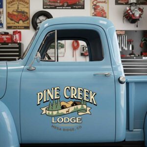 Personalized Mountains and Trees Decal for Truck Door with Vintage Outdoor Design sticker 14370