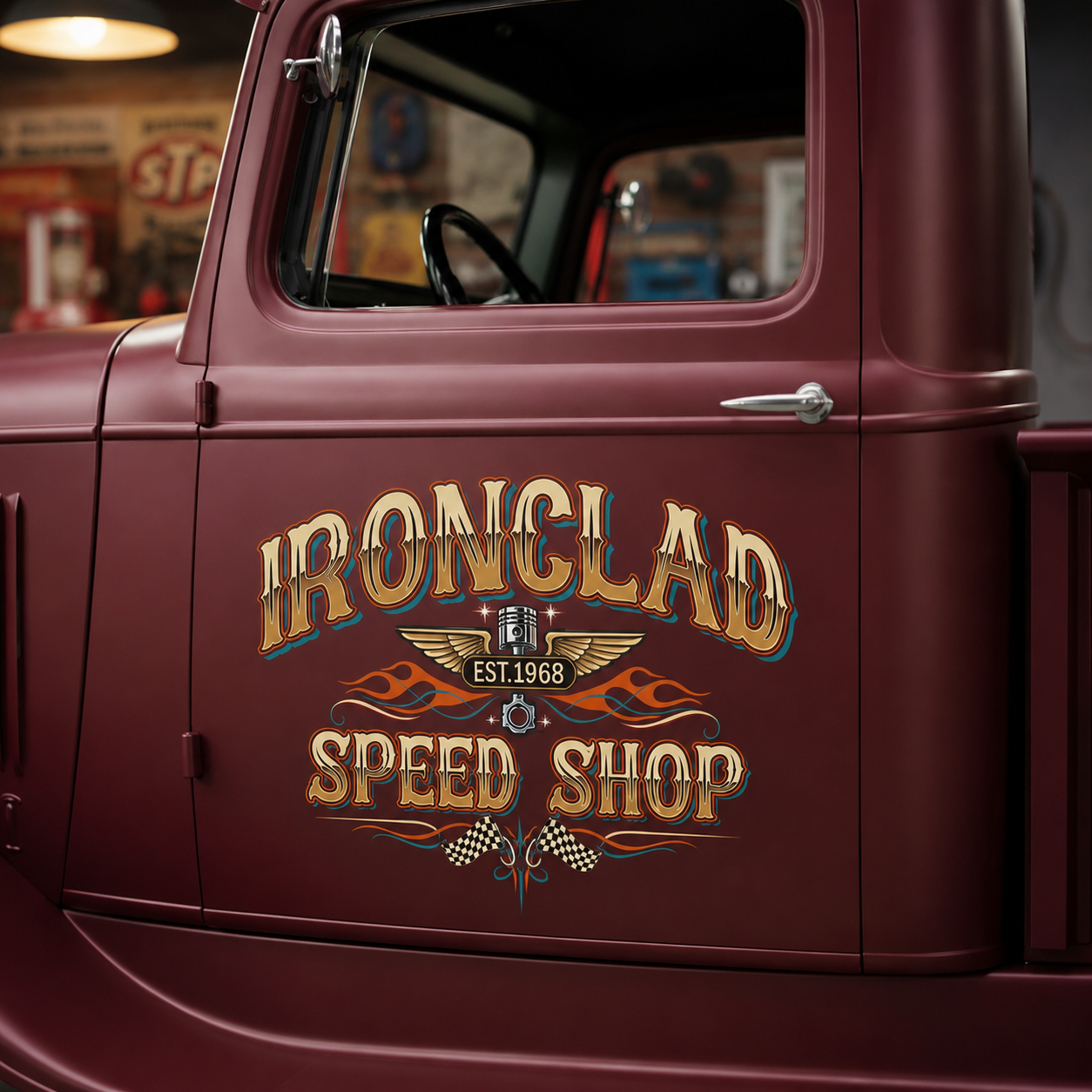 Personalized Piston and Wings Decal for Truck Door with Vintage Automotive Design sticker 14374 - Image 2