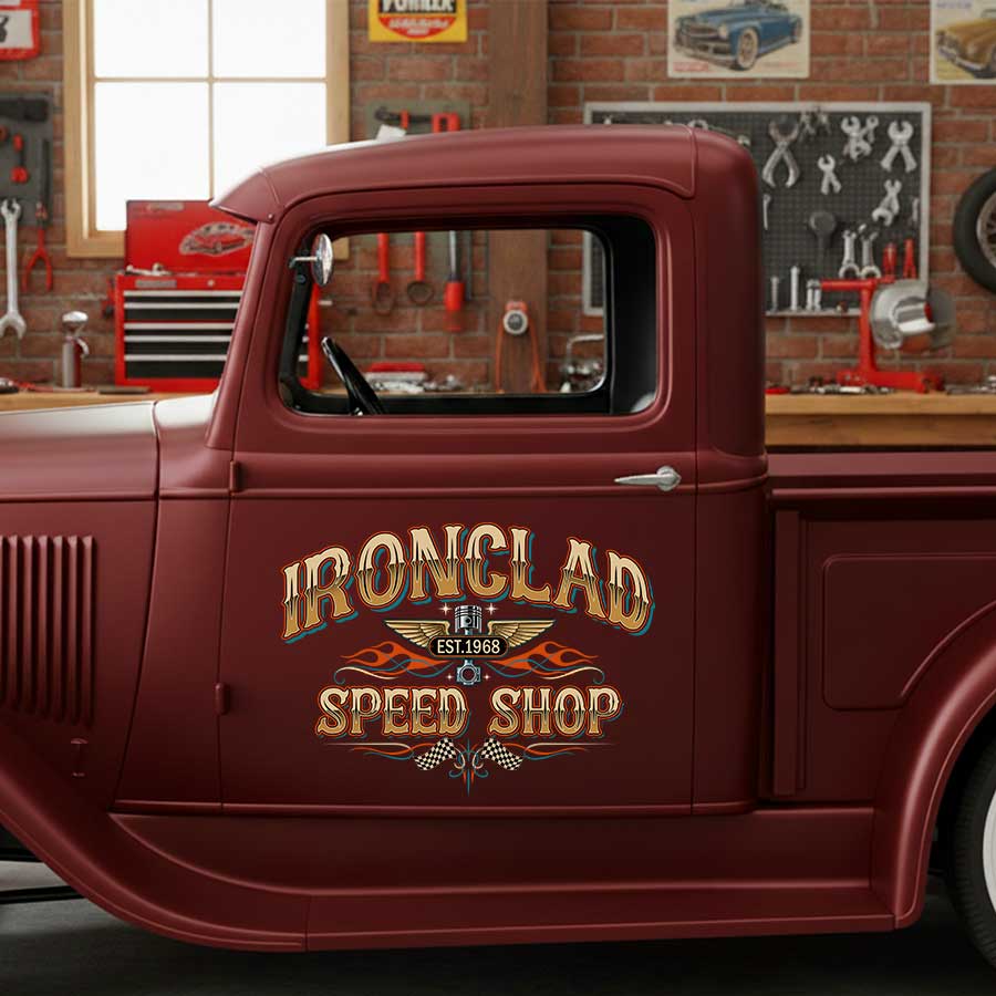 Personalized Piston and Wings Decal for Truck Door with Vintage Automotive Design sticker 14374