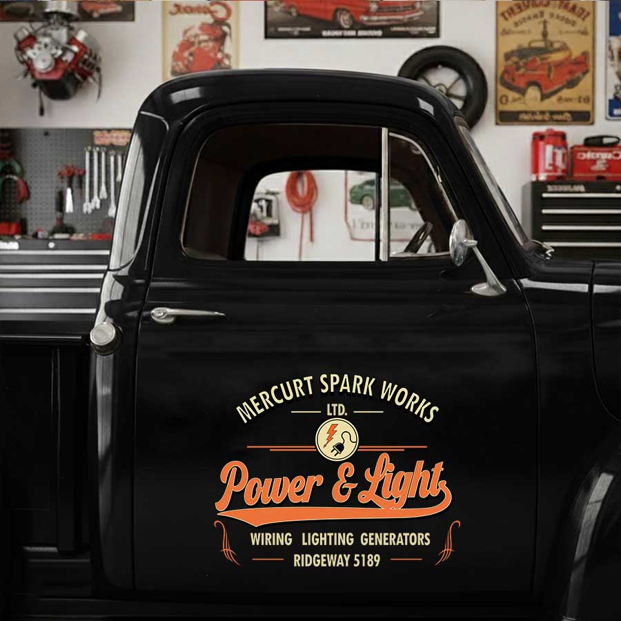 Personalized Lightning Bolt and Circle Decal for Truck Door with Vintage Automotive Design sticker 14379