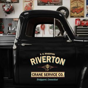 Personalized Crane Hook and Decorative Lines Decal for Truck Door with Vintage Automotive Design sticker 14380