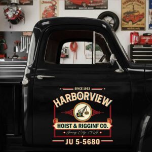 Personalized Crane and Vintage Lettering Decal for Truck Door with Vintage Automotive Design sticker 14381