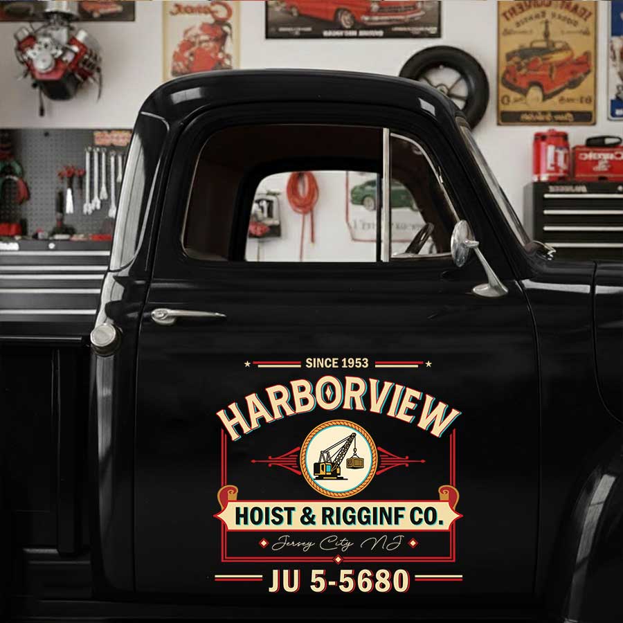 Personalized Crane and Vintage Lettering Decal for Truck Door with Vintage Automotive Design sticker 14381