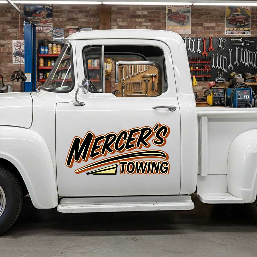 Personalized Text and Towing Theme Decal for Truck Door with Vintage Automotive Design sticker 14386