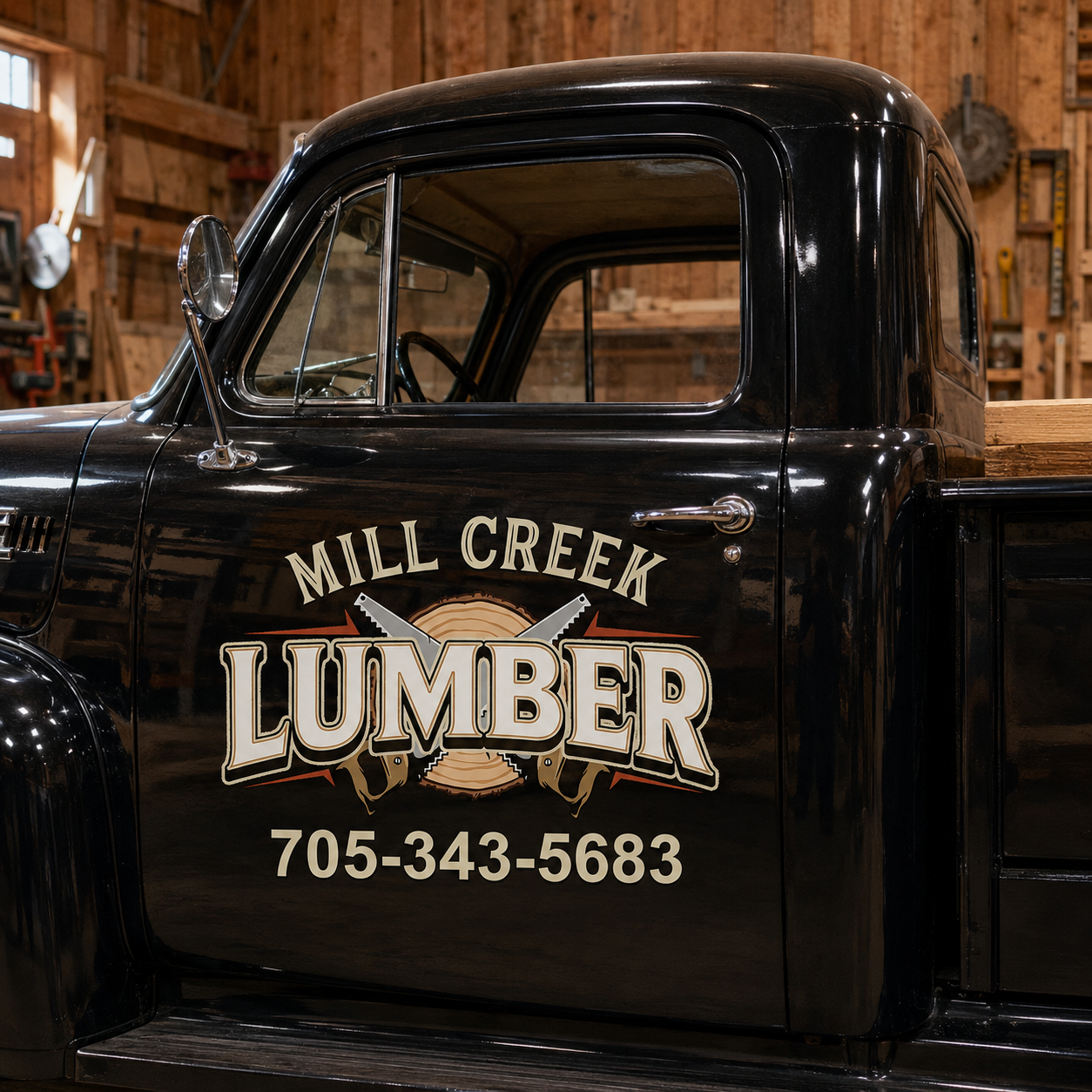 Personalized Crossed Saws and Wood Log Slice Decal for Truck Door with Vintage Automotive Design sticker 14388 - Image 2