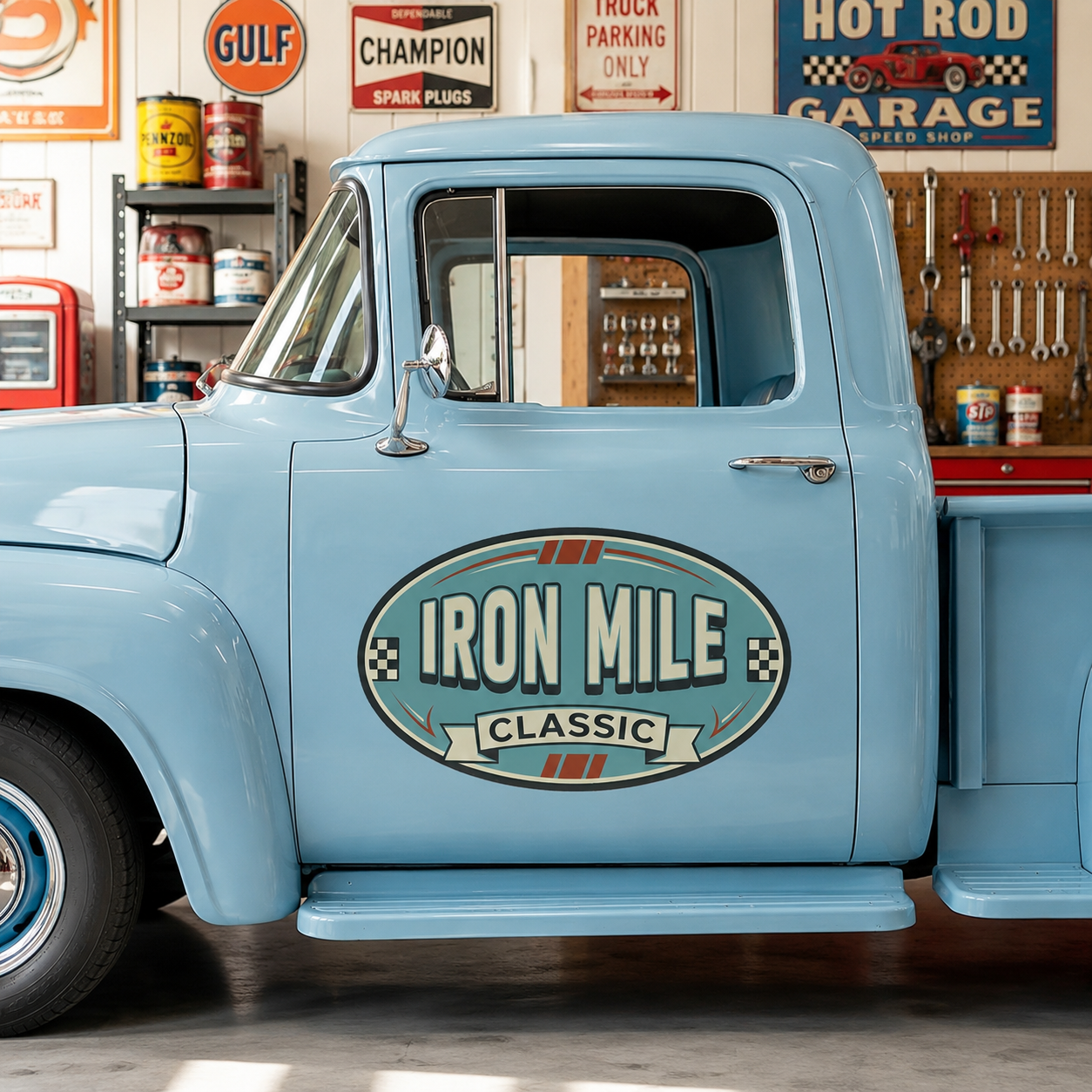 Personalized Checkered Flag and Vintage Banner Decal for Truck Door with Vintage Automotive Design sticker 14396 - Image 4