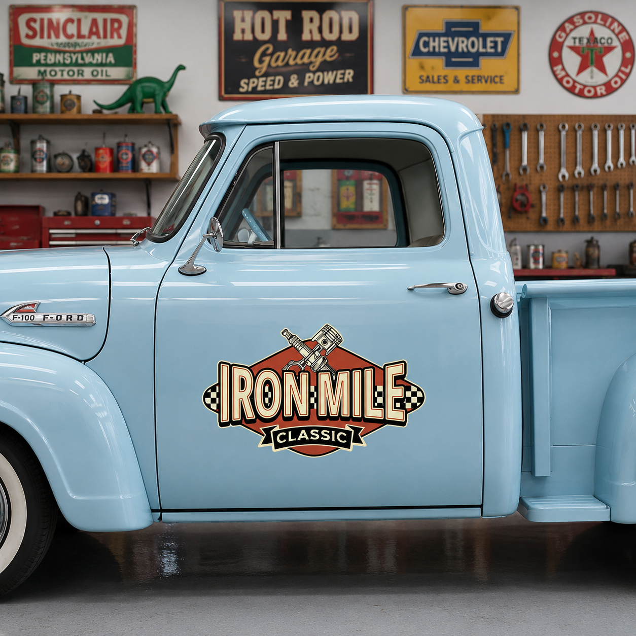 Personalized Crossed Pistons and Checker Flags Decal for Truck Door with Vintage Automotive Design sticker 14397 - Image 3