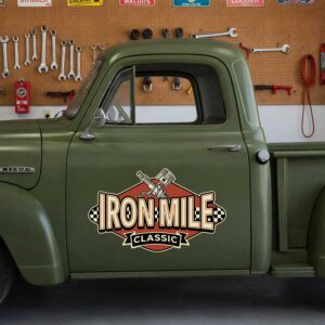 Personalized Crossed Pistons and Checker Flags Decal for Truck Door with Vintage Automotive Design sticker 14397