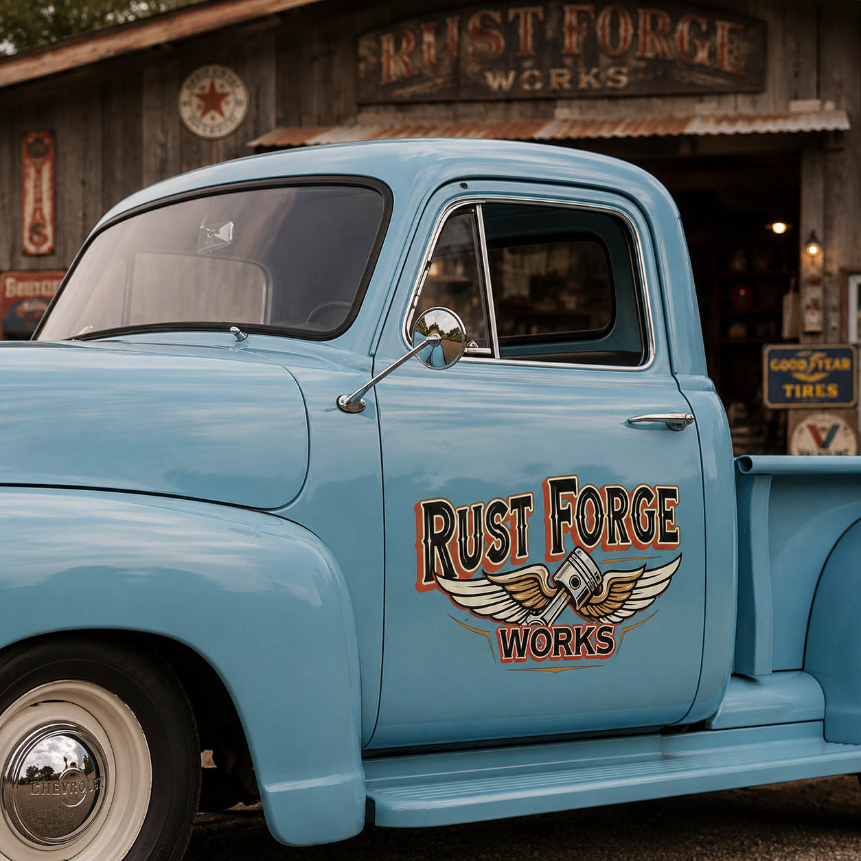 Personalized Piston and Wings Decal for Truck Door with Vintage Automotive Design sticker 14415 - Image 3