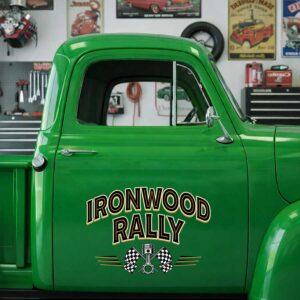 Personalized Piston and Checkered Flags Decal for Truck Door with Vintage Automotive Design sticker 14417