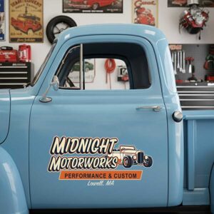 Personalized Vintage Hot Rod Car and Bold Lettering Decal for Truck Door with Vintage Automotive Design sticker 14420