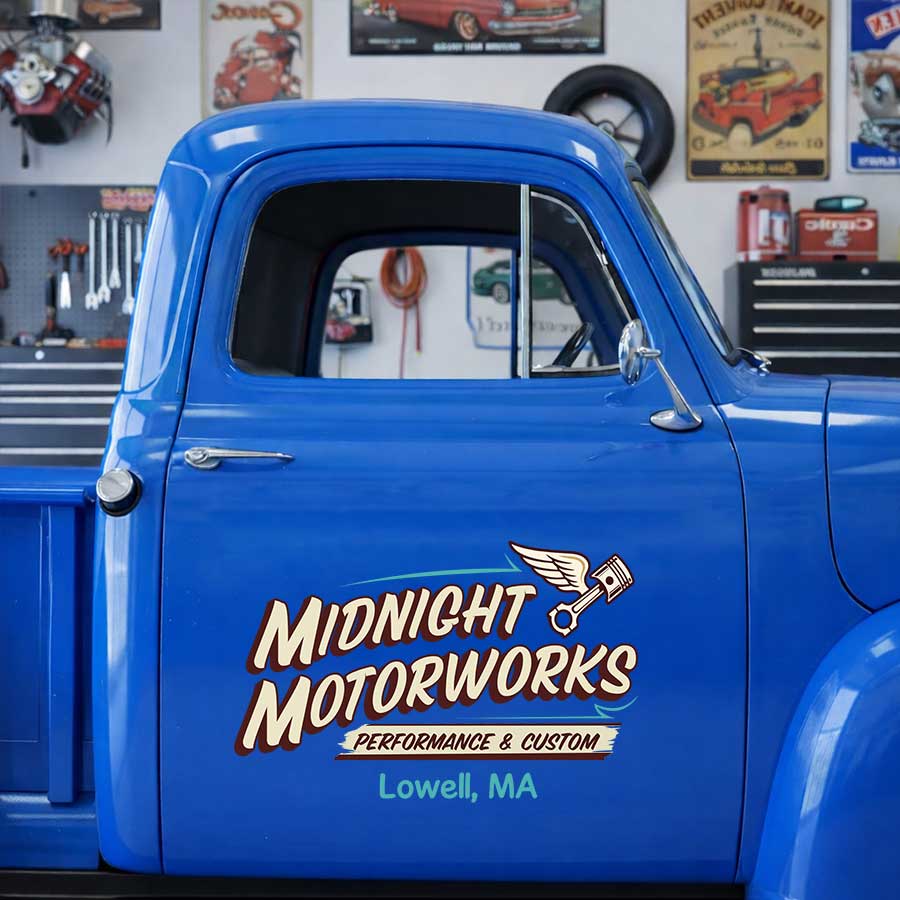 Personalized Wing and Piston Decal for Truck Door with Vintage Automotive Design sticker 14421