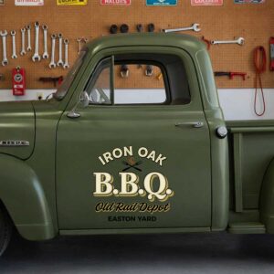 Personalized Crossed Utensils and Bold Lettering Decal for Truck Door with Vintage Automotive Design sticker 14429