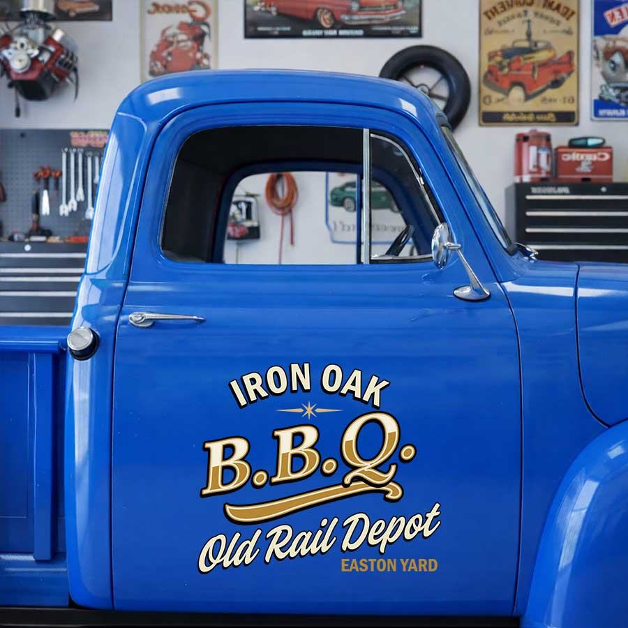Personalized Text and Bbq Theme Decal for Truck Door with Vintage Automotive Design sticker 14430