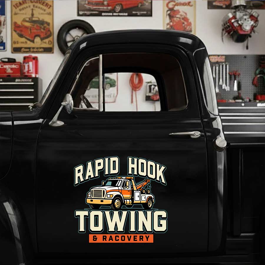 Personalized Tow Truck and Bold Lettering Decal for Truck Door with Vintage Automotive Design sticker 14434
