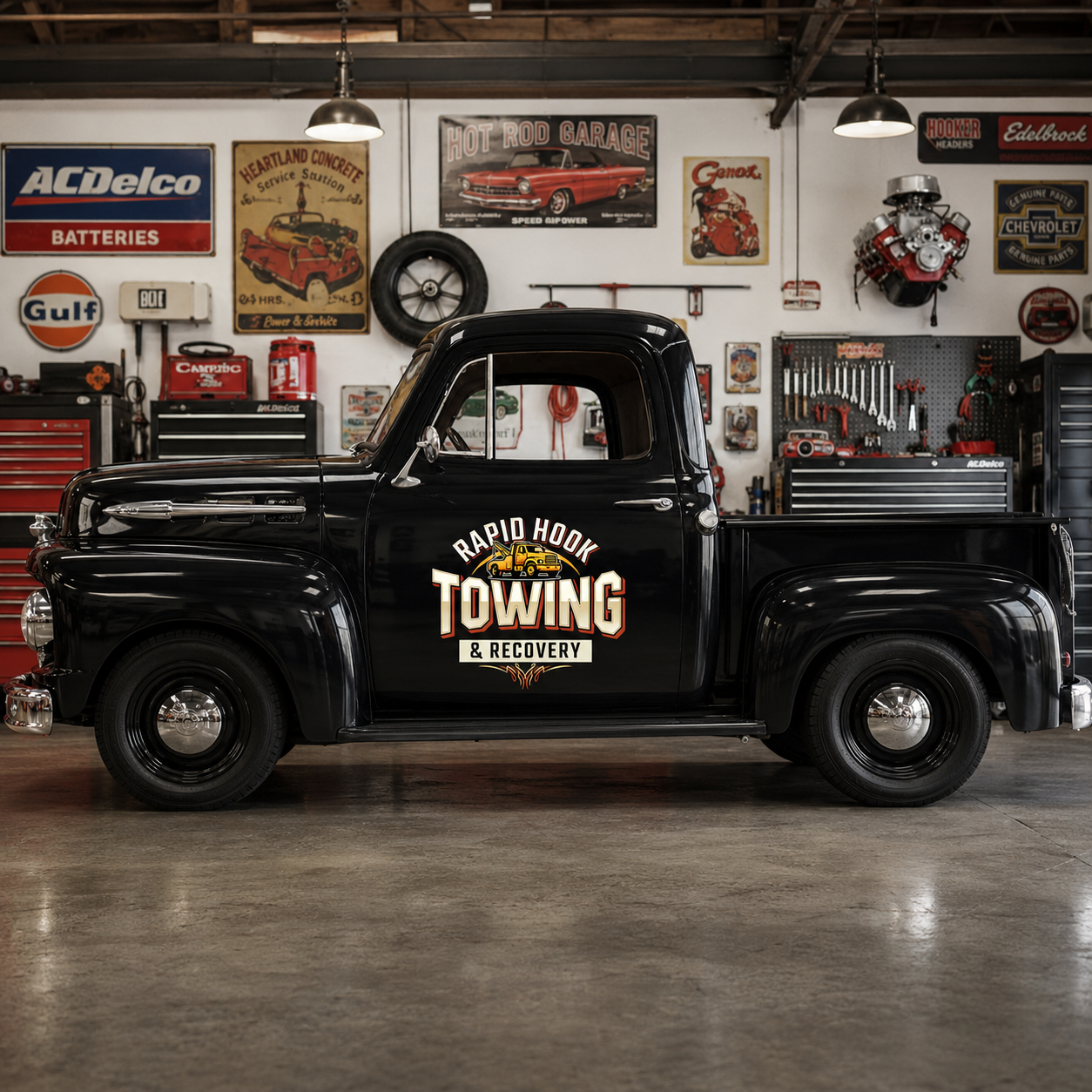 Personalized Tow Truck and Flames Decal for Truck Door with Vintage Automotive Design sticker 14435 - Image 2