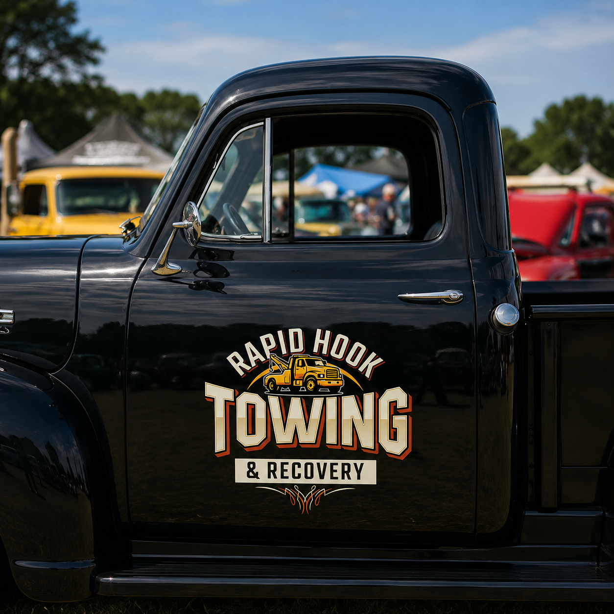 Personalized Tow Truck and Flames Decal for Truck Door with Vintage Automotive Design sticker 14435 - Image 3