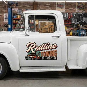 Personalized Tow Truck and Bold Lettering Decal for Truck Door with Vintage Automotive Design sticker 14441
