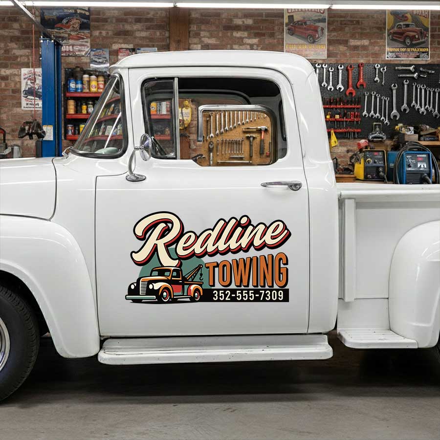 Personalized Tow Truck and Bold Lettering Decal for Truck Door with Vintage Automotive Design sticker 14441