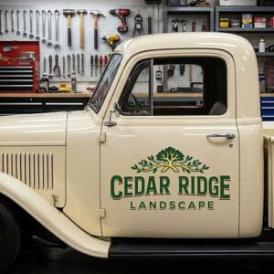 Personalized Tree and Landscape Decal for Truck Door with Vintage Automotive Design sticker 14444