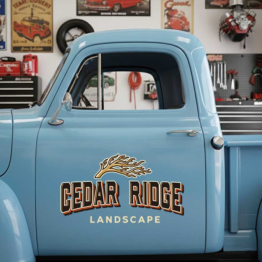 Personalized Branches and Bold Text Decal for Truck Door with Vintage Automotive Design sticker 14445