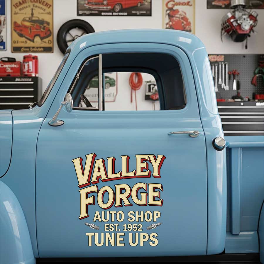 Personalized Text and Spark Plug Decal for Truck Door with Vintage Automotive Design sticker 14454