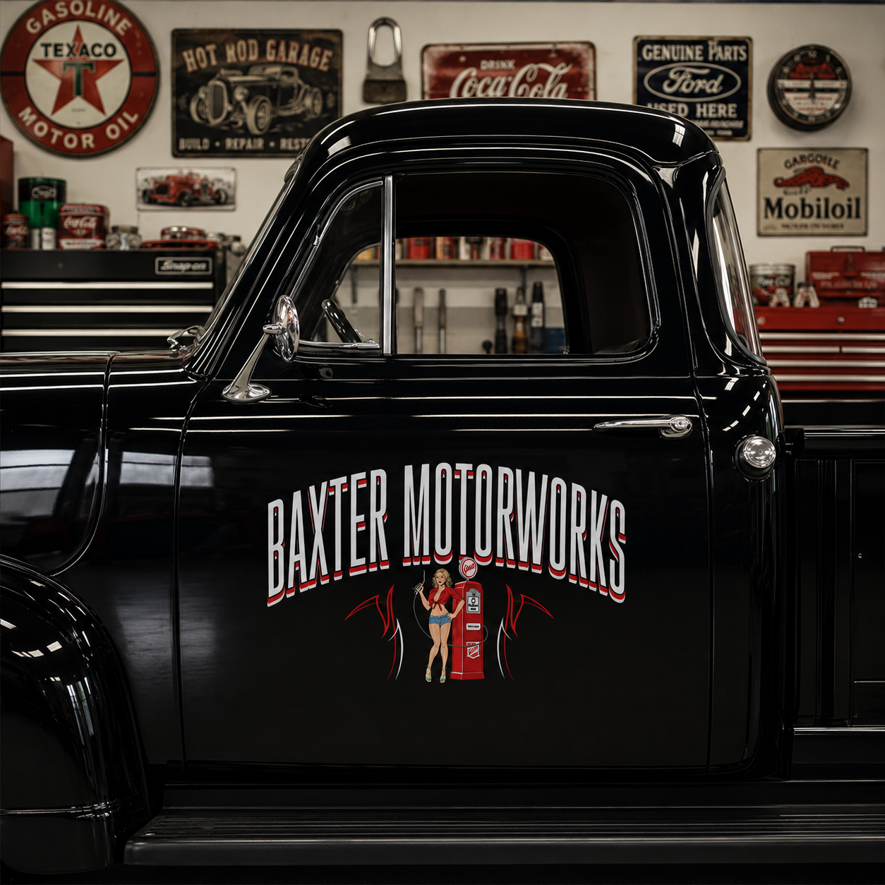 Personalized Pin-Up Girl and Gas Pump Decal for Truck Door with Vintage Automotive Design sticker 14455 - Image 2