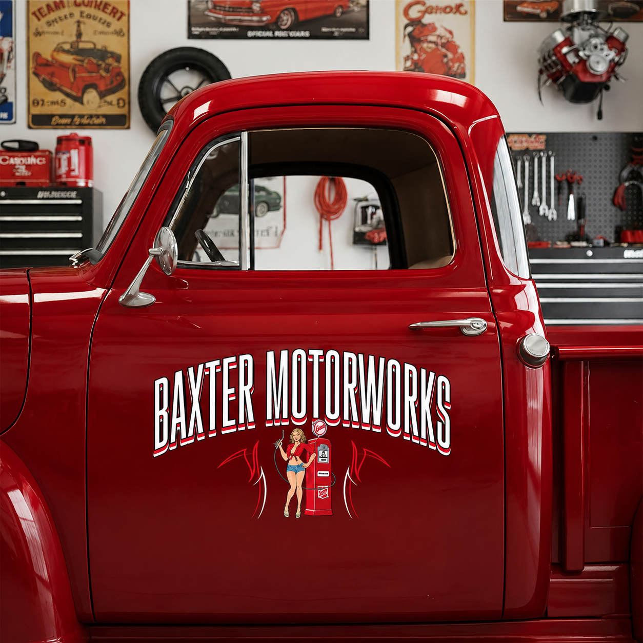 Personalized Pin-Up Girl and Gas Pump Decal for Truck Door with Vintage Automotive Design sticker 14455 - Image 3