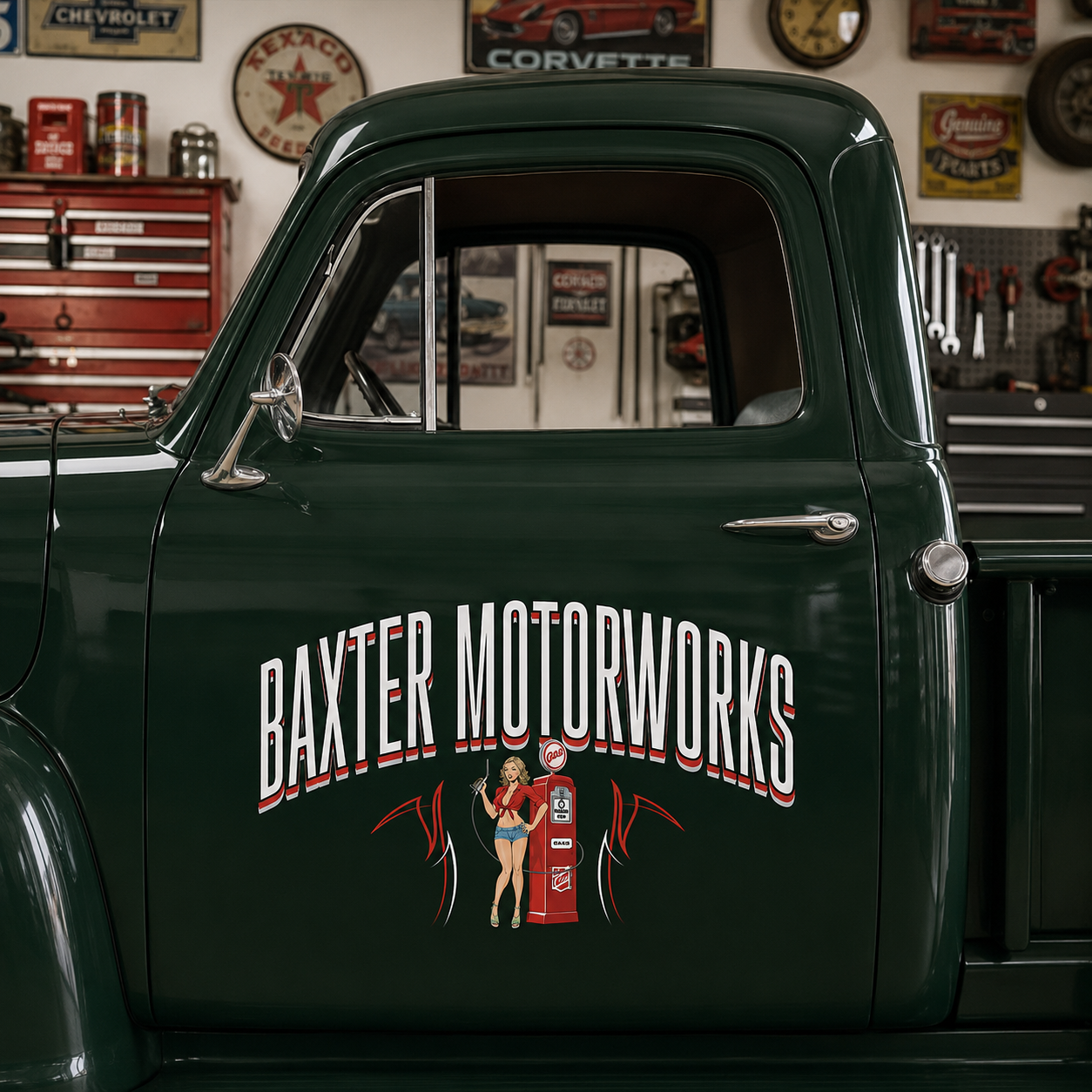 Personalized Pin-Up Girl and Gas Pump Decal for Truck Door with Vintage Automotive Design sticker 14455 - Image 4