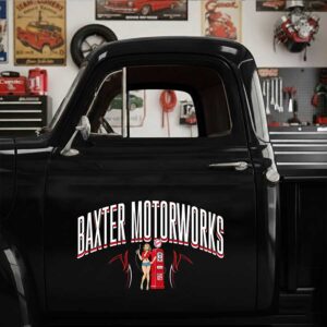 Personalized Pin-Up Girl and Gas Pump Decal for Truck Door with Vintage Automotive Design sticker 14455