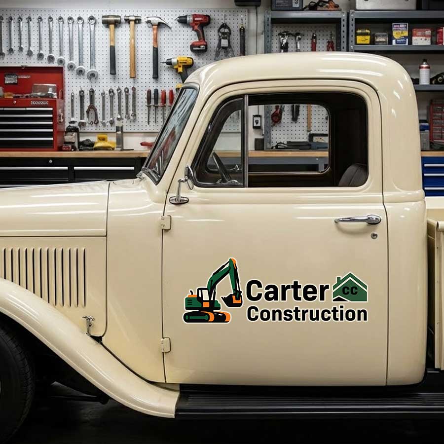 Personalized Excavator and House Silhouette Decal for Truck Door with Construction-Themed Design sticker 14458