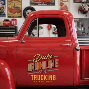 Personalized Checker Flags and Bold Text Decal for Truck Door with Vintage Automotive Design sticker 14464