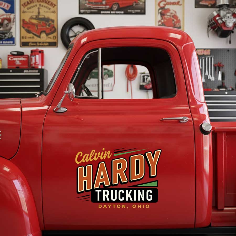 Personalized Bold Text and Dynamic Lines Decal for Truck Door with Vintage Automotive Design sticker 14465