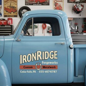 Personalized Horseshoe and Text Decal for Truck Door with Vintage Automotive Design sticker 14467