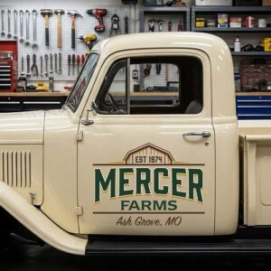 Personalized Barn and Text Decal for Truck Door with Vintage Agricultural Design sticker 14469